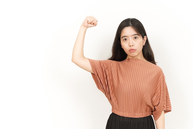 Showing Strength Arms Of Beautiful Asian Woman Isolated On White Background