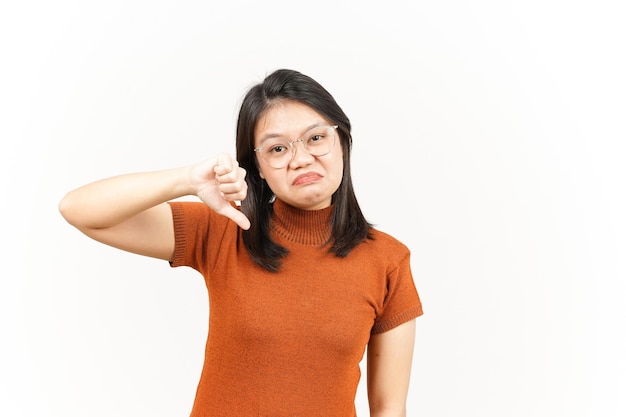 Showing Thumbs Down Of Beautiful Asian Woman Isolated On White Background