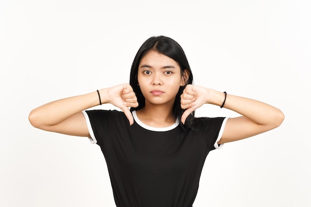 Showing Thumbs Down Sign Of Beautiful Asian Woman Isolated On White Background