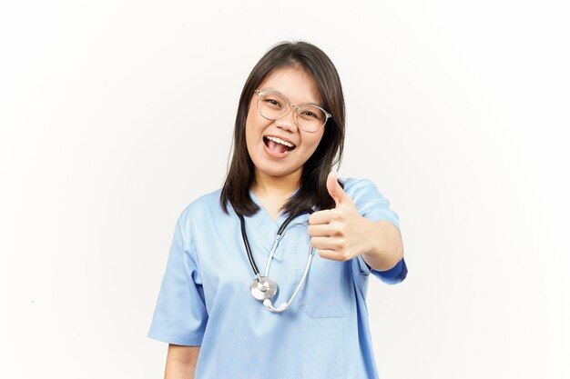 Showing Thumbs Up Of Asian Young Doctor Isolated On White Background