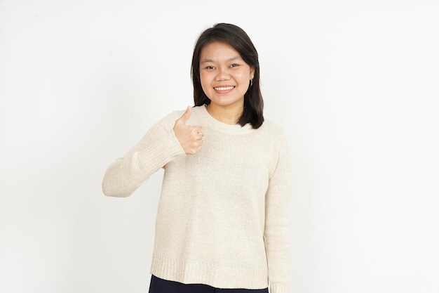 Showing Thumbs Up of Beautiful Asian Woman Isolated On White Background