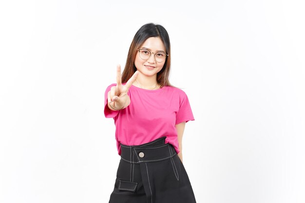 showing two count finger of beautiful asian woman isolated on white background