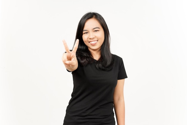 Showing two finger of Beautiful Asian Woman Isolated On White Background