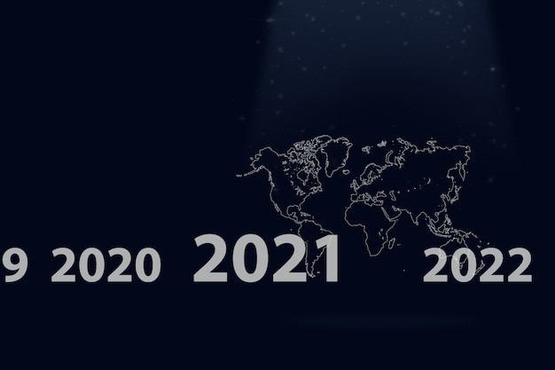 紺色の背景に仮想ホログラムの世界2021を表示しています。 2021年の新年のコンセプト。