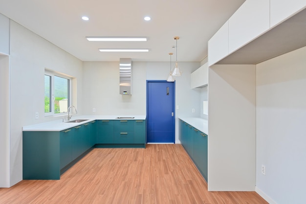Showroom with turquoise kitchen furniture sink