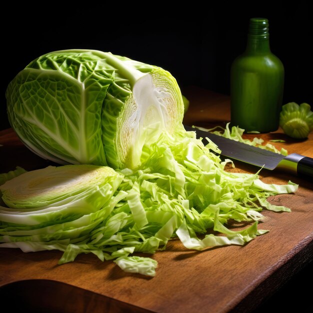 shredded cabbage on a wooden plate