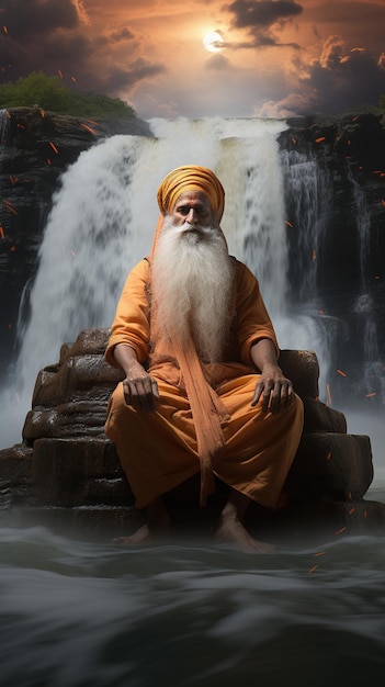 Foto shri guru nanak dev ji seduto sulla riva di un fiume