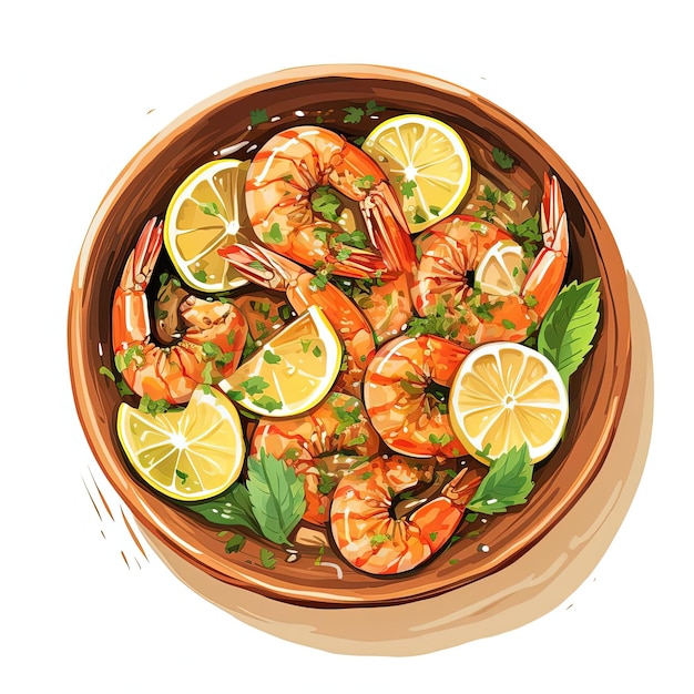 shrimp in a brown bowl on white with lemon slice in the style of swirling vortexes