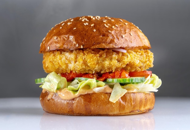 Shrimp burger a cutlet made with minced shrimp With cheese tomatoes and sesame seed bun