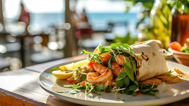 Photo shrimp burrito against a coastal cafe background