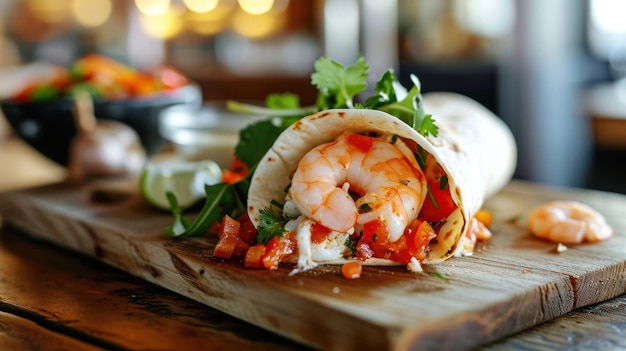 Photo shrimp burrito against a coastal cafe background