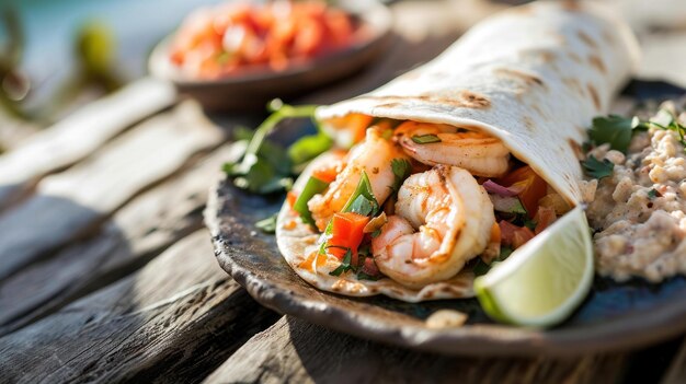 Photo shrimp burrito against a coastal cafe background