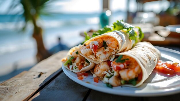 Photo shrimp burrito against a coastal cafe background