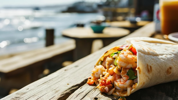 Photo shrimp burrito against a coastal cafe background