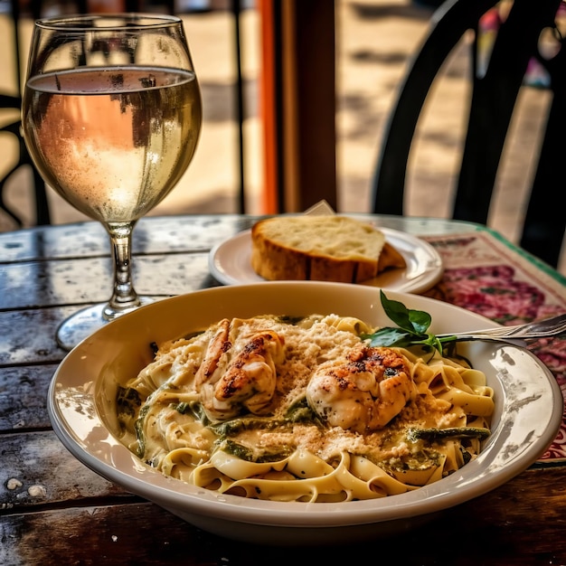 Shrimp and chicken Alfredo, with a glass of wine on a restaurant table