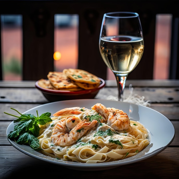 Shrimp and chicken Alfredo, with a glass of wine on a restaurant table