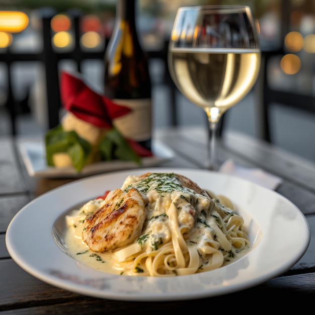 Shrimp and chicken Alfredo, with a glass of wine on a restaurant table