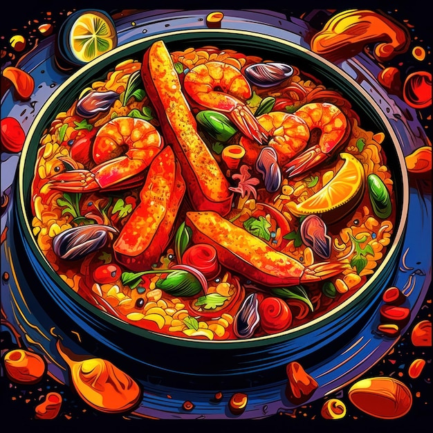 Shrimp and chorizo paella in an art style