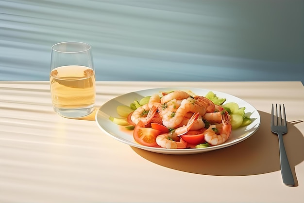 Shrimp Cocktail with Drink for Lunch on the White Plate and Cozy Indoor Dining Area Background