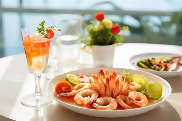 Photo shrimp cocktail with drink for lunch on the white plate and cozy indoor dining area background