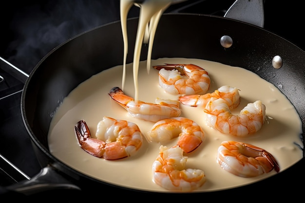 Photo shrimp in creamy sauce generative ai