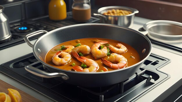 Shrimp in curry sauce in the pan