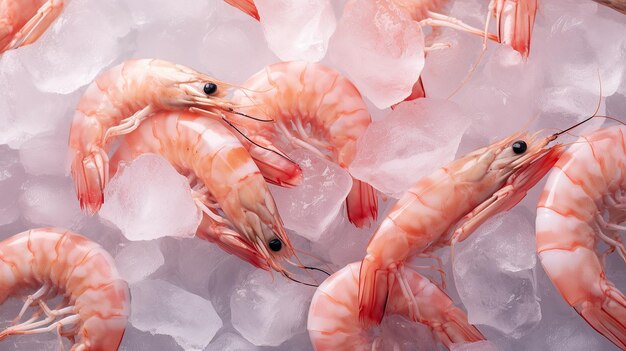 Shrimp displayed on ice captured from a top angle