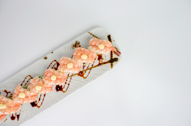 Shrimp or Ebi Japanese sushi roll with kani, tamago and teriyaki sauce