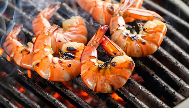 Shrimp on fire on the grill closeup photo