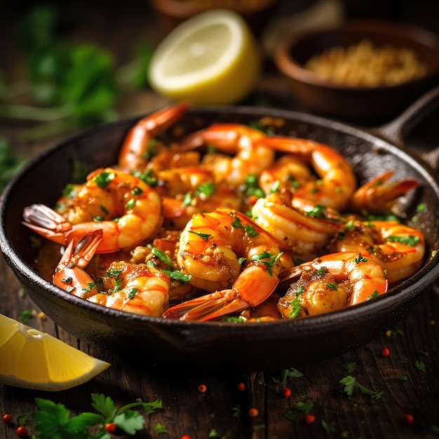 Photo shrimp grilled delicious seasoning spices on wooden cutting board background appetizing cooked shrimps baked prawns seafood shelfish with rosemary lemon and lettuce