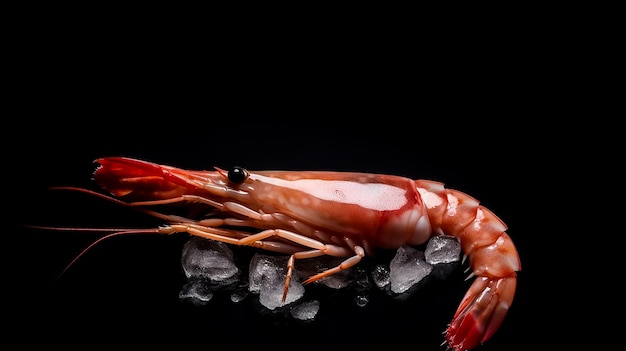 A shrimp on ice in a black background