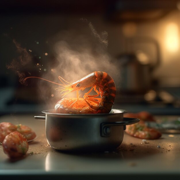 A shrimp is cooking in a pot with smoke coming out of it
