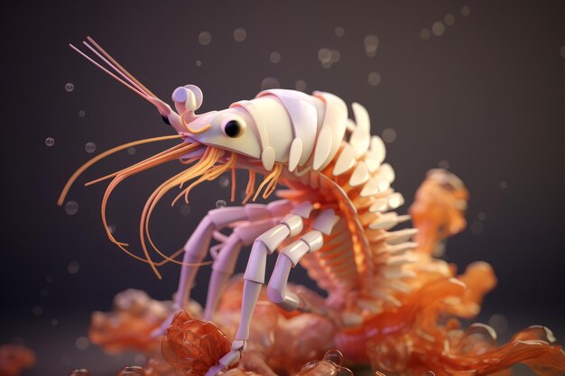 A shrimp is on a dark background