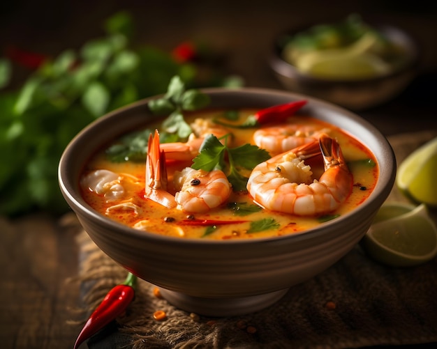 Shrimp and lemongrass in a tangy sweet tom yum soup Generative AI