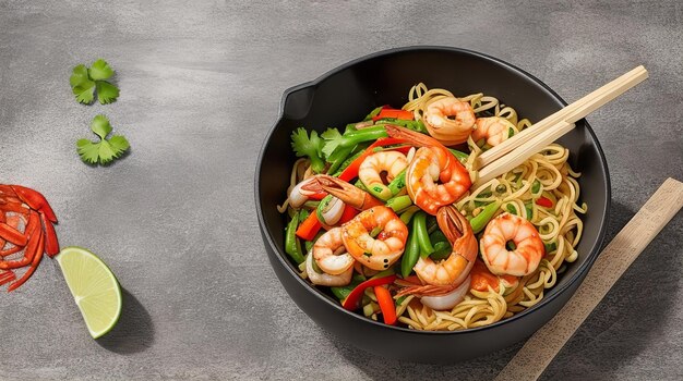 Shrimp and Noodles in a Black Bowl