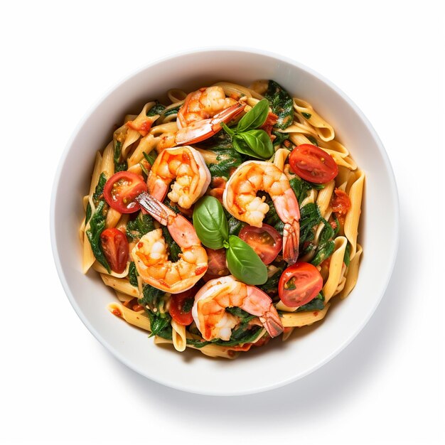 Shrimp pasta in a bowl on isolated white background