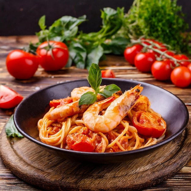 shrimp pasta in tomato sauce with chicken and tomatoes on a wooden table