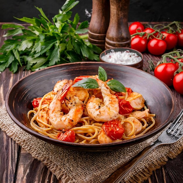 Foto pasta di gamberi in salsa di pomodoro con pollo e pomodori su un tavolo di legno