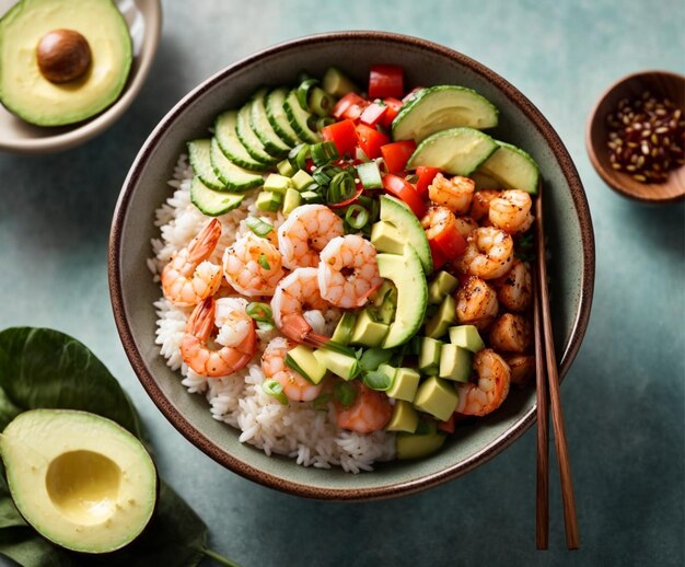 Shrimp Poke Bowl with Rice Avocado Tomatoes Cucumbers and Scallions