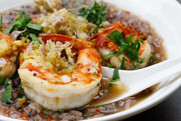 Shrimp porridge using Riceberry rice