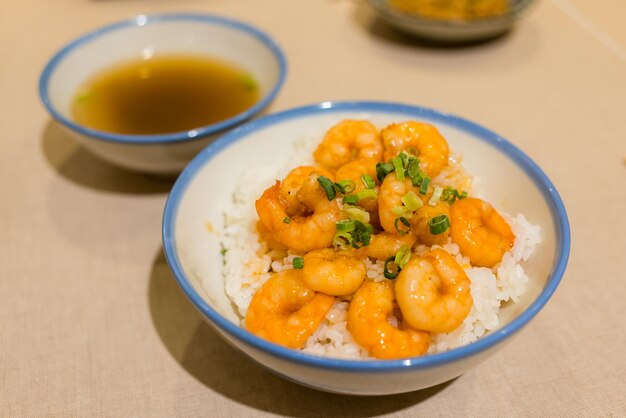 Shrimp rice bowl in restaurant