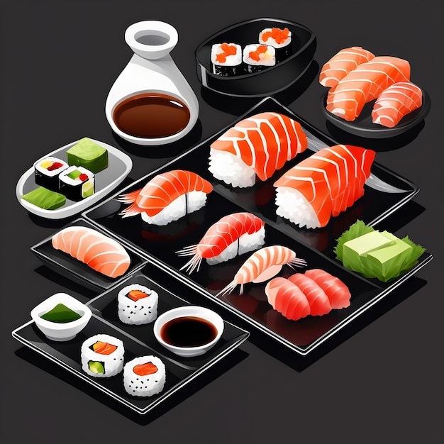 Shrimp salmon sushi and rolls Watercolor hand painted isolated illustration on black background