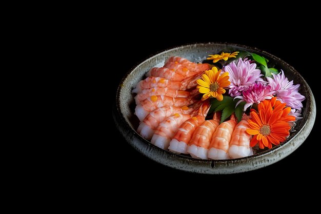 Foto sashimi di gamberetti nel piatto con bellissimi fiori sfondo colore nero vista laterale