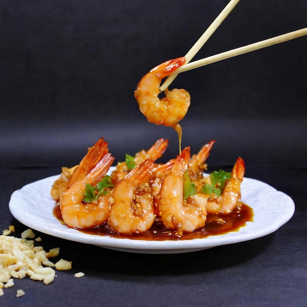 shrimp sauteed in garlic and soy caramel in stick served on a plate black background