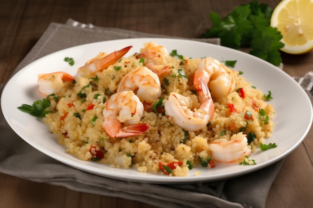 Shrimp Scampi with Red Pepper Flakes and Parmesan Cheese on a Bed of Quinoa