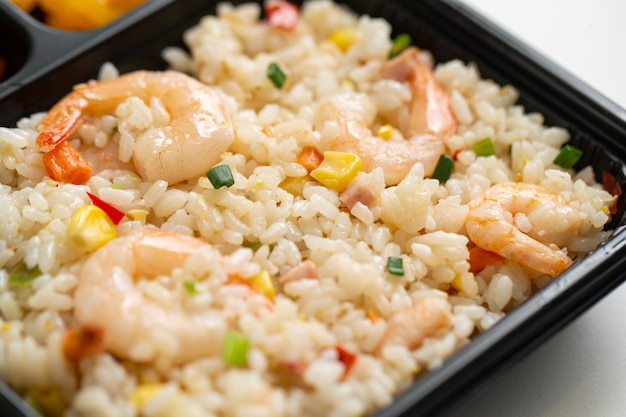 Shrimp seafood fried rice in a lunch box