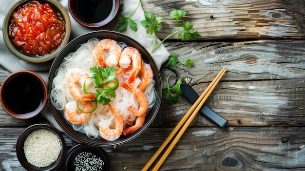 Shrimp and Shirataki noodles in bowl with chopsticks on wooden background
