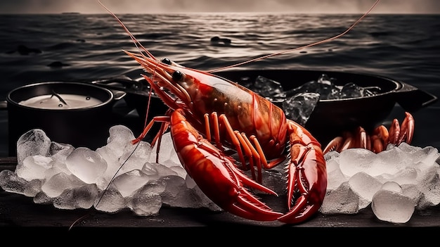 A shrimp sits on ice next to a body of water