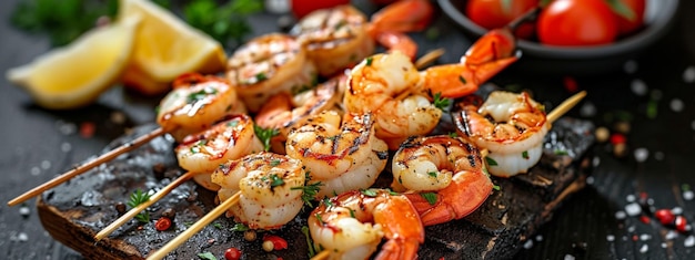 Shrimp skewers with herbs garlic and lemon Generative AI