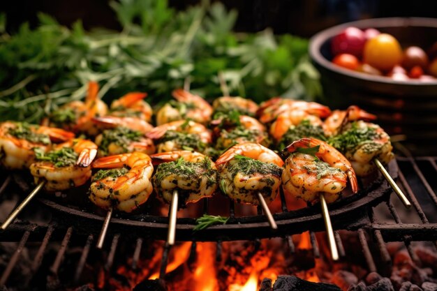 Shrimp skewers with herbs and spices on grill created with generative ai